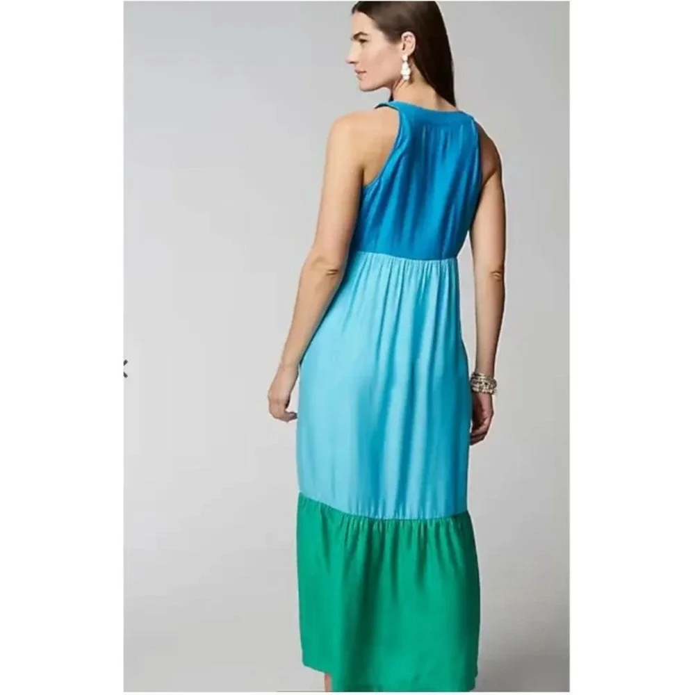J. Jill Maxi Dress PM Blue Green Colorblock Tiered Boho Coastal Summer - Picture 5 of 16